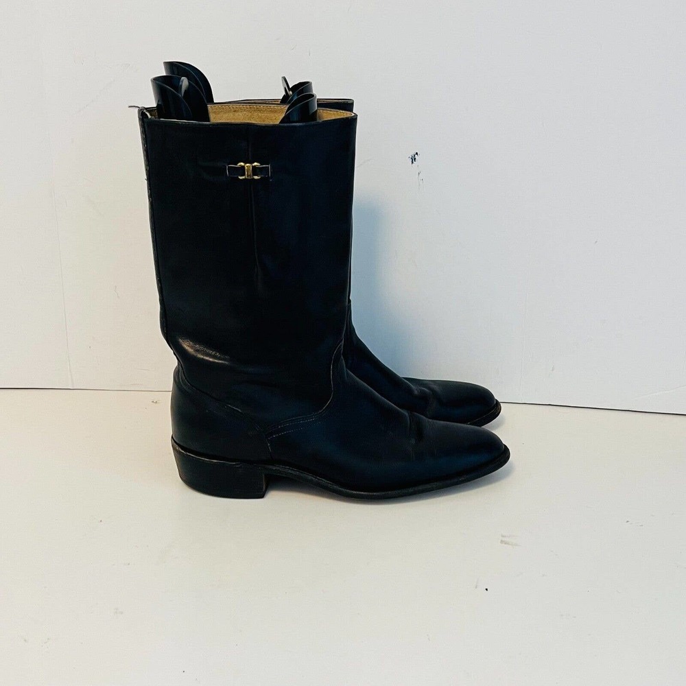 Frye Black Leather Pull-On Mid-Calf Boots with Buckle